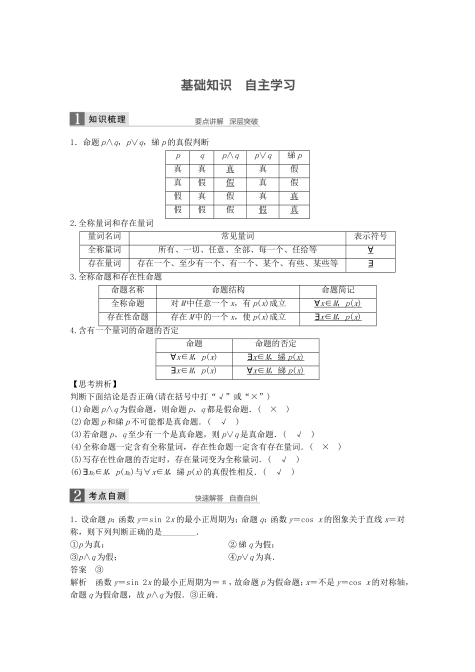 （江苏专用）高考数学一轮复习 第一章 集合与常用逻辑用语 1.3 简单的逻辑联结词、全称量词与存在量词 文-人教版高三数学试题_第1页