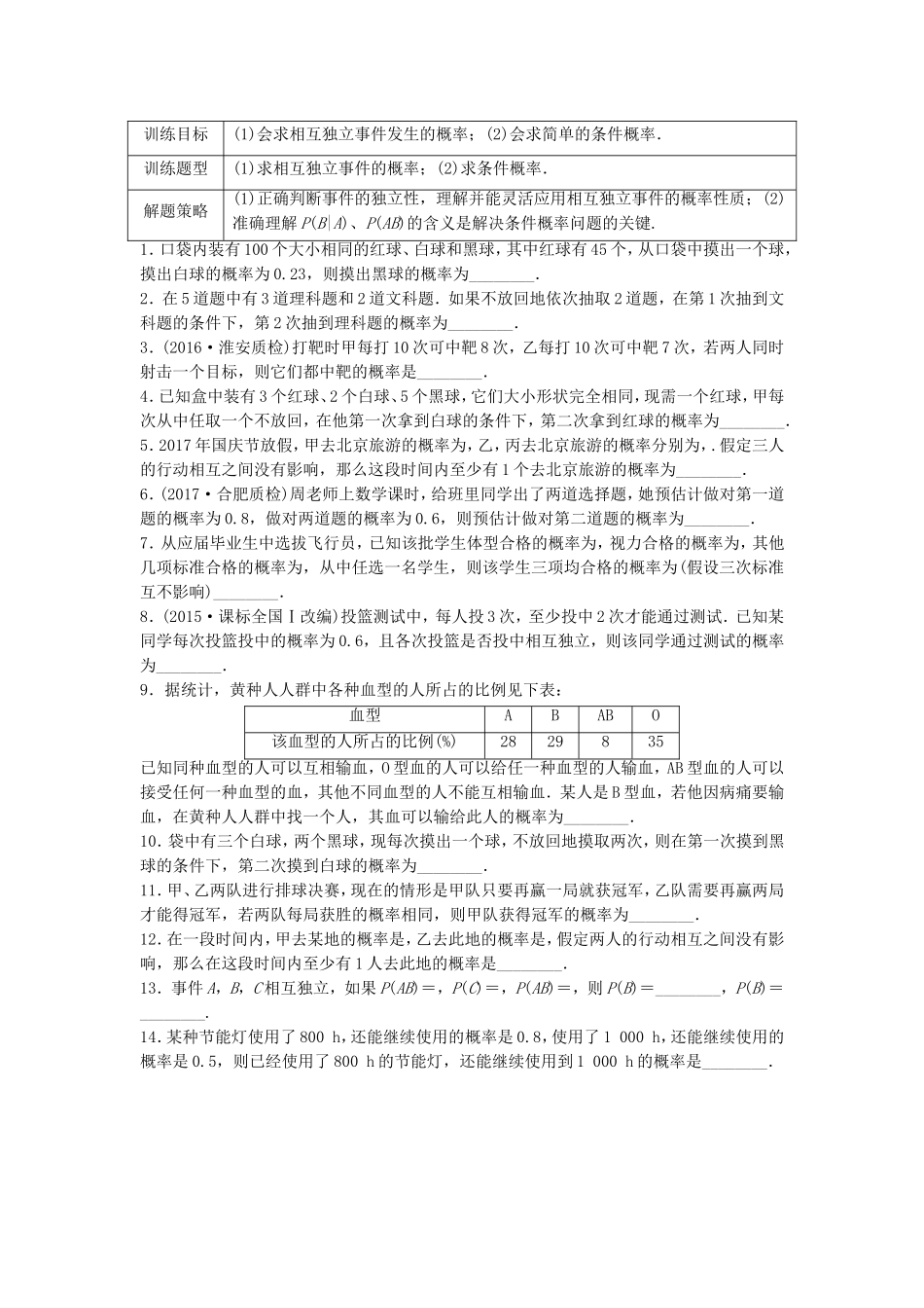（江苏专用）高考数学专题复习 专题10 计数原理、概率与统计 第73练 事件的独立与条件概率练习 理-人教版高三数学试题_第1页