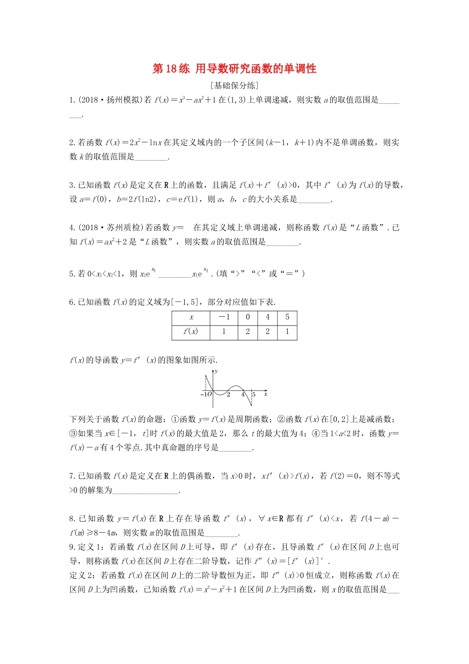 （江苏专用）高考数学一轮复习 加练半小时 专题3 导数及其应用 第18练 用导数研究函数的单调性 文（含解析）-人教版高三数学试题_第1页