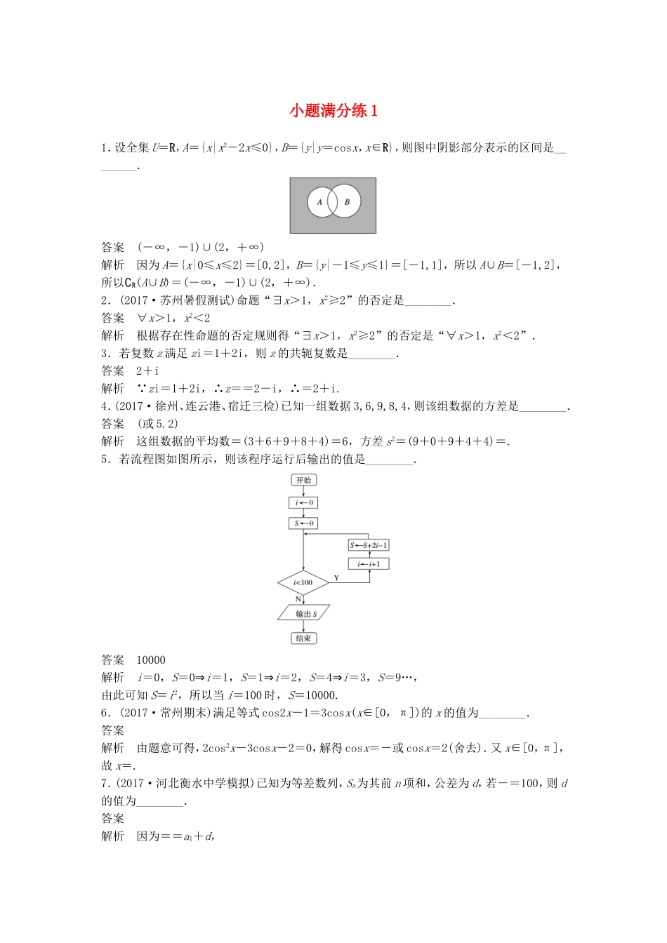 （江苏专用）高考数学总复习 考前三个月 小题满分练1 理-人教版高三数学试题_第1页