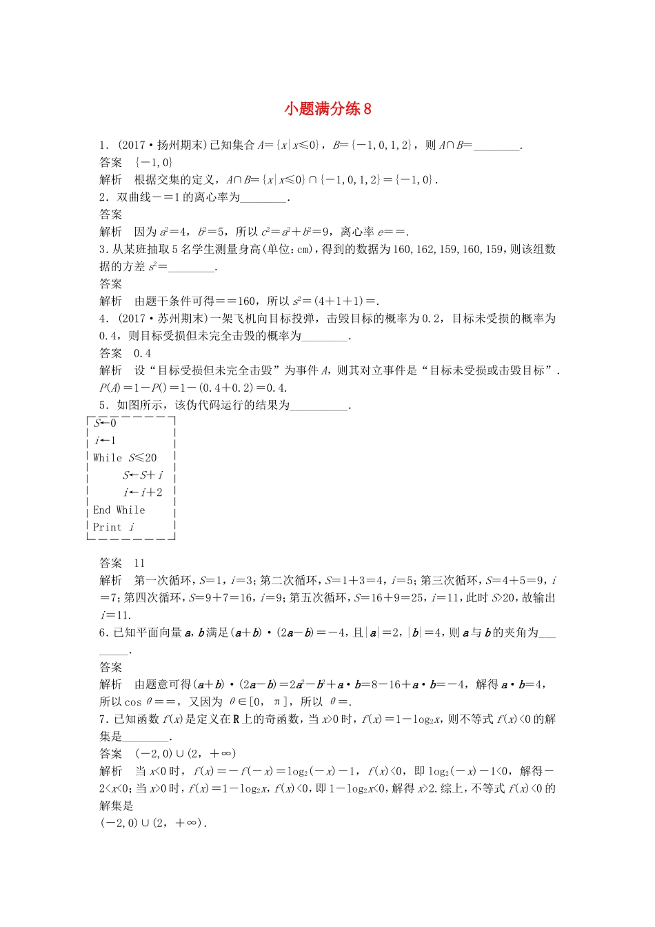 （江苏专用）高考数学总复习 考前三个月 小题满分练8 理-人教版高三数学试题_第1页