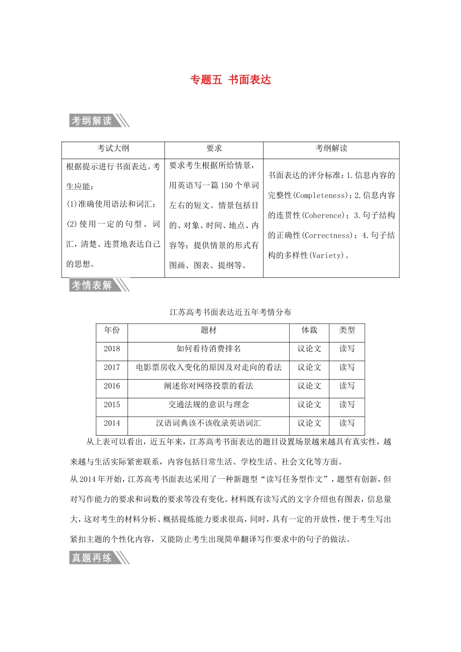 （江苏专用）高考英语二轮培优复习 专题五 书面表达习题-人教版高三英语试题_第1页