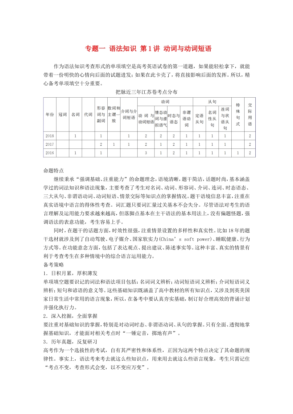 （江苏专用）高考英语二轮增分策略 专题一 语法知识 第1讲 动词与动词短语优选习题-人教版高三英语试题_第1页