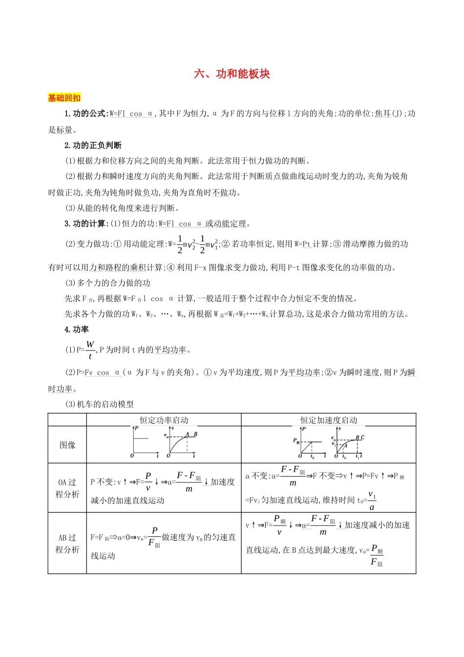 （江苏专用）高考物理三轮冲刺 第一篇 回归教材 六 功和能板块-人教版高三物理试题_第1页