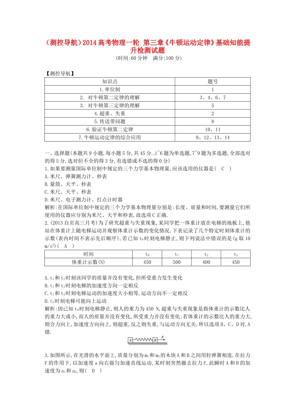 （测控导航）高考物理一轮 第三章《牛顿运动定律》基础知能提升检测试题 新人教版_第1页