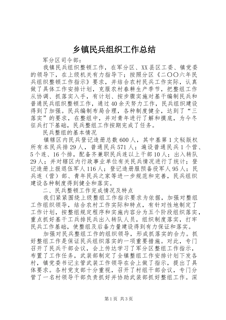 2024年乡镇民兵组织工作总结_第1页