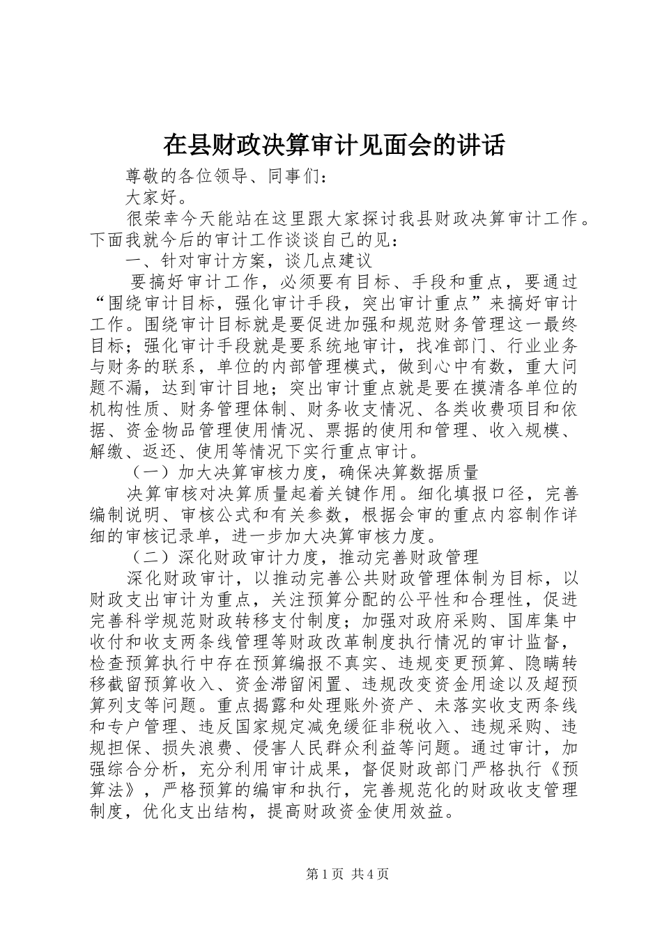 2024年在县财政决算审计见面会的致辞_第1页