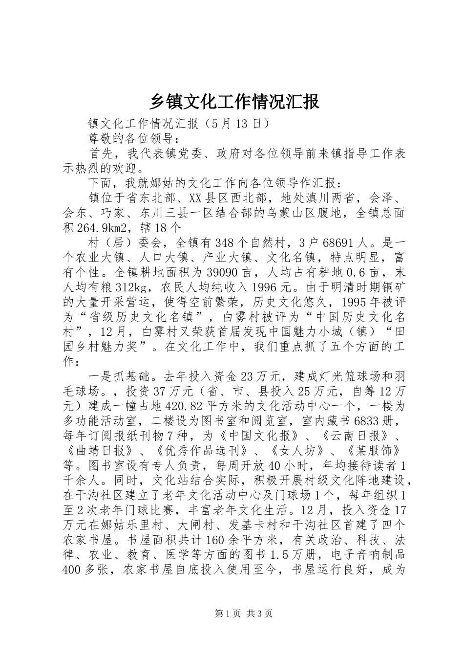2024年乡镇文化工作情况汇报_第1页