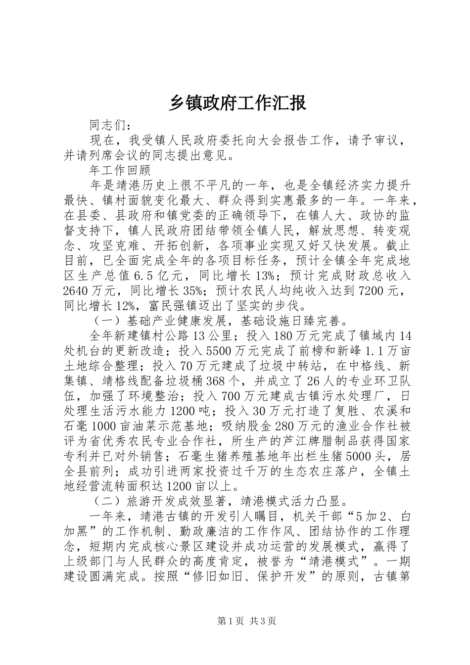 2024年乡镇政府工作汇报_第1页