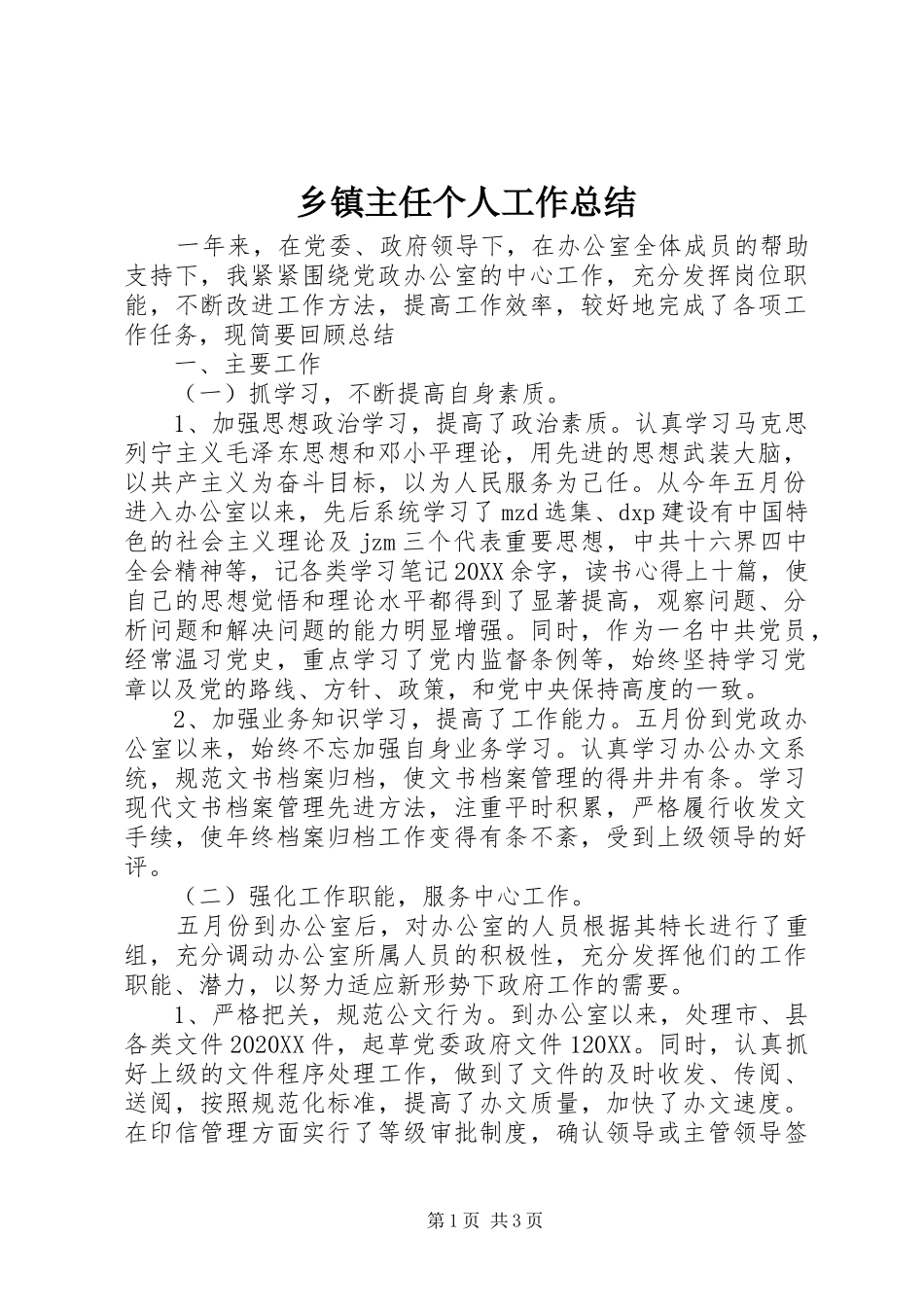 2024年乡镇主任个人工作总结_第1页