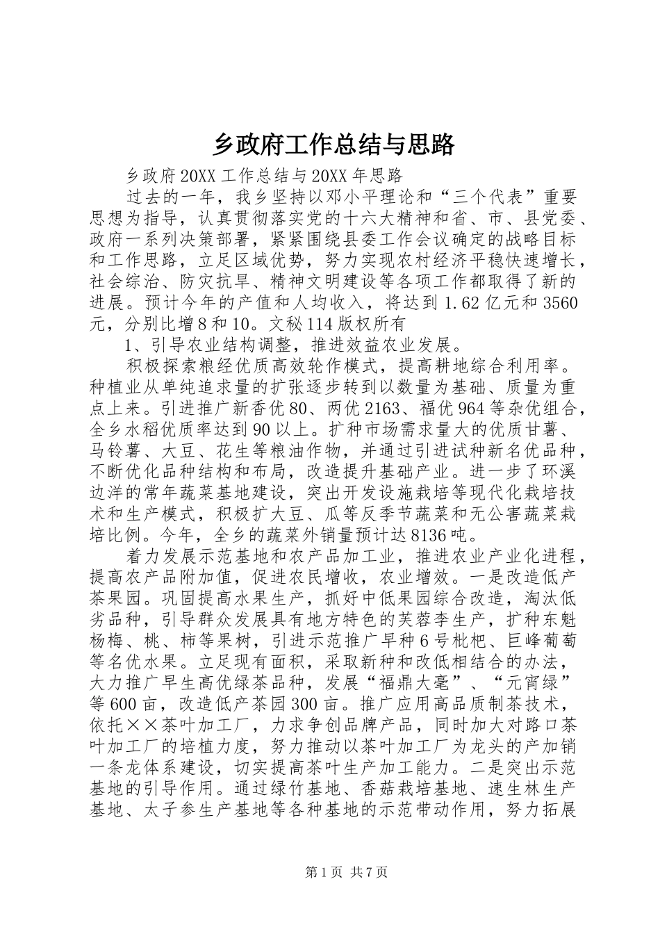 2024年乡政府工作总结与思路_第1页