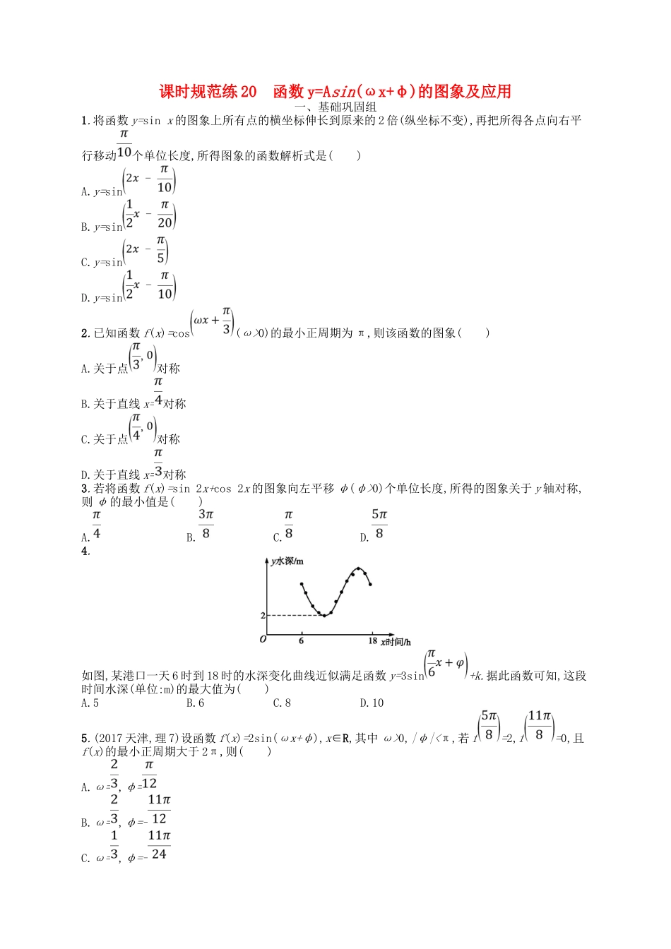 （福建专用）高考数学一轮复习 课时规范练20 函数yAsin(ωxφ)的图象及应用 理 新人教A-新人教A高三数学试题_第1页