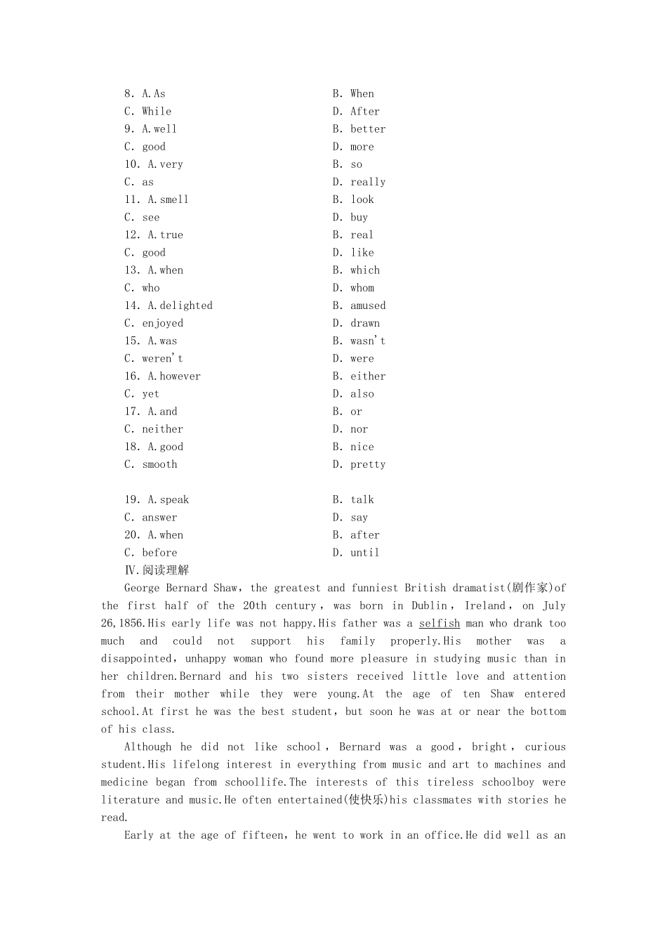 （湖北卷）高中英语 Unit 4 Pygmalion Warming Up & Reading课时作业 新人教版选修8_第3页