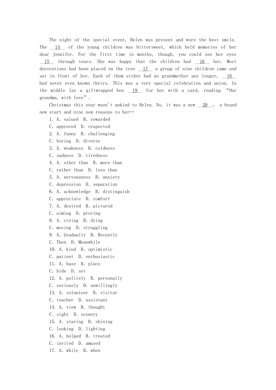 （湖北专用）（新课标）高考英语二轮复习作业手册 专题限时集训7 记叙文型完形填空(一)_第3页