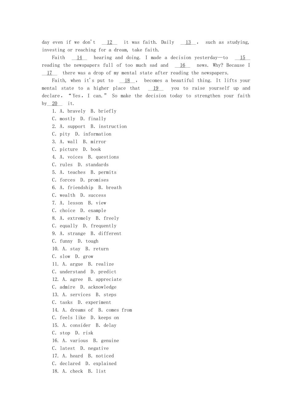 （湖北专用）（新课标）高考英语二轮复习作业手册 专题限时集训10 夹叙夹议型完形填空（一）_第3页