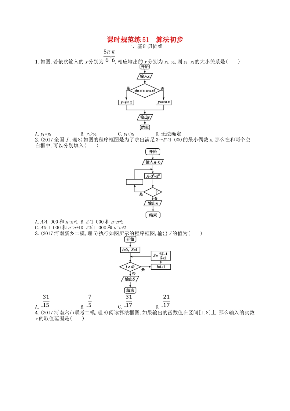 （福建专用）高考数学一轮复习 课时规范练51 算法初步 理 新人教A-新人教A高三数学试题_第1页