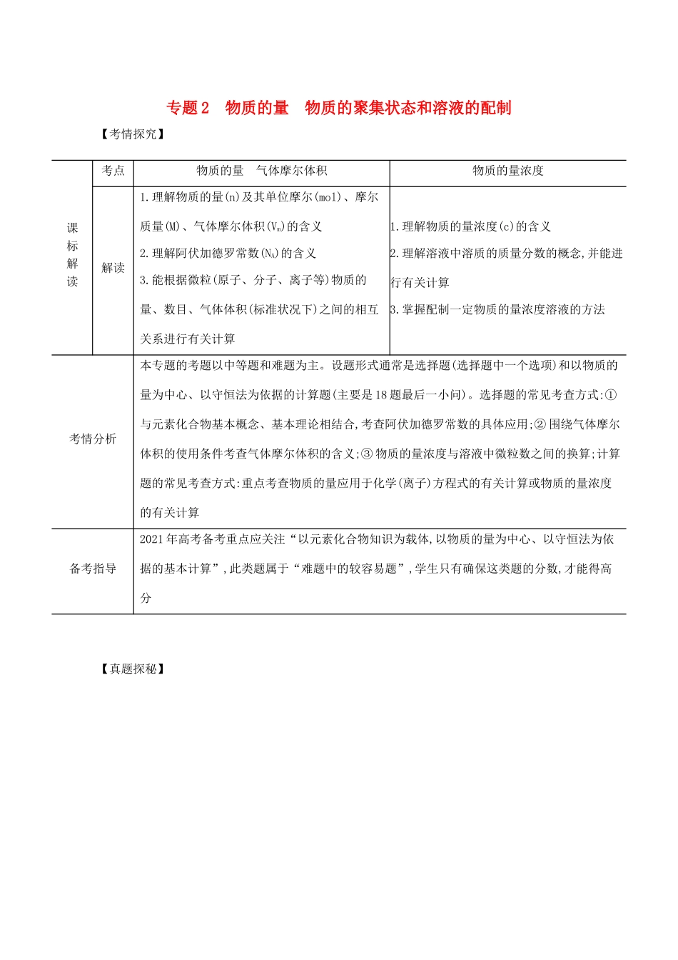 （江苏版）高考化学一轮复习 专题2 物质的量 物质的聚集状态和溶液的配制精练（含解析）-江苏版高三全册化学试题_第1页