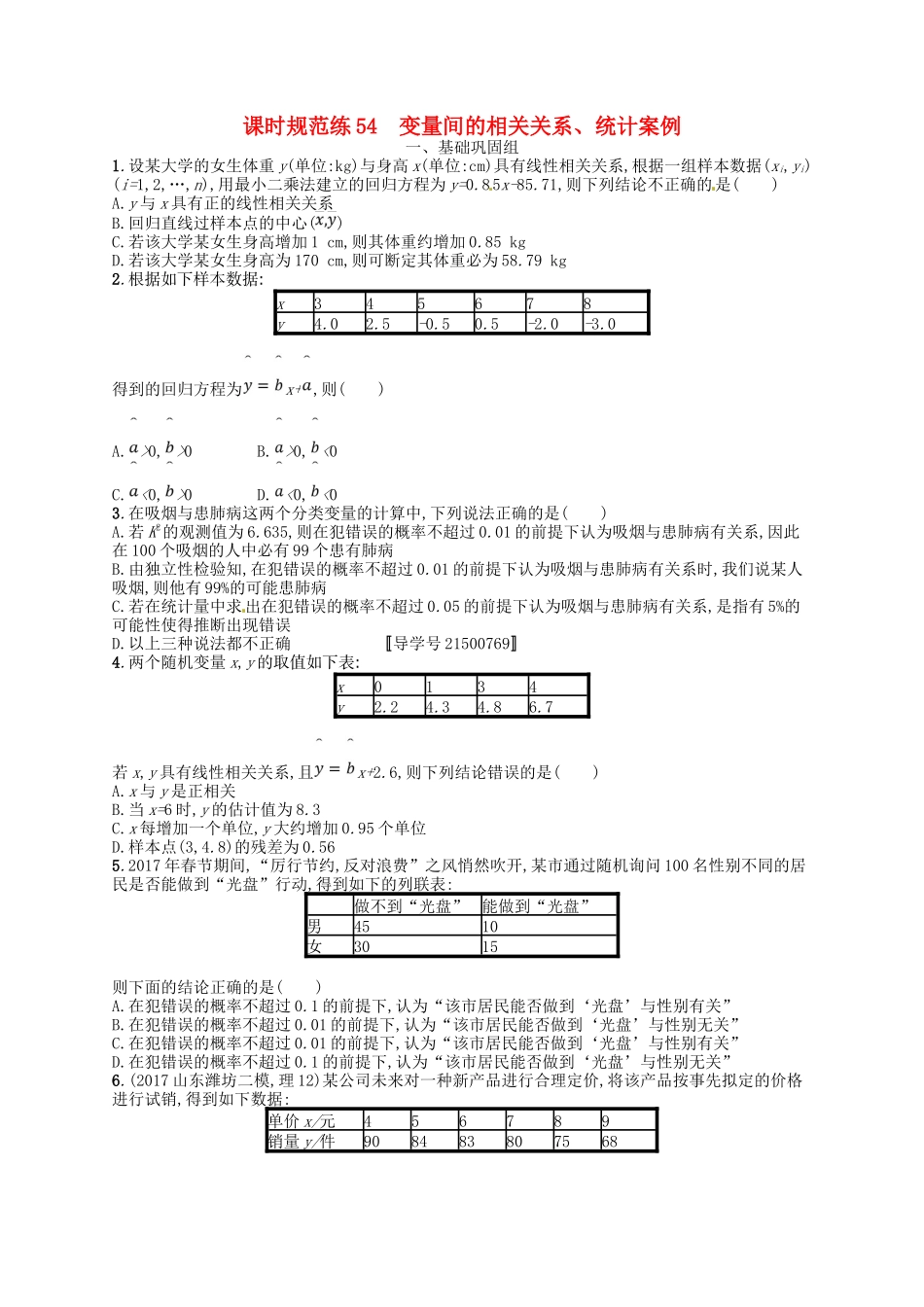 （福建专用）高考数学总复习 第十章 算法初步、统计与统计 课时规范练54 变量间的相关关系、统计案例 理 新人教A-新人教A高三数学试题_第1页