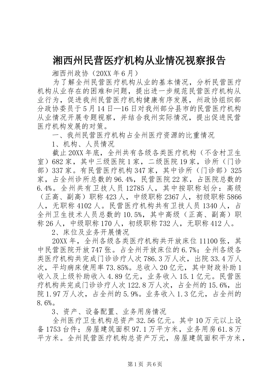 2024年湘西州民营医疗机构从业情况视察报告_第1页