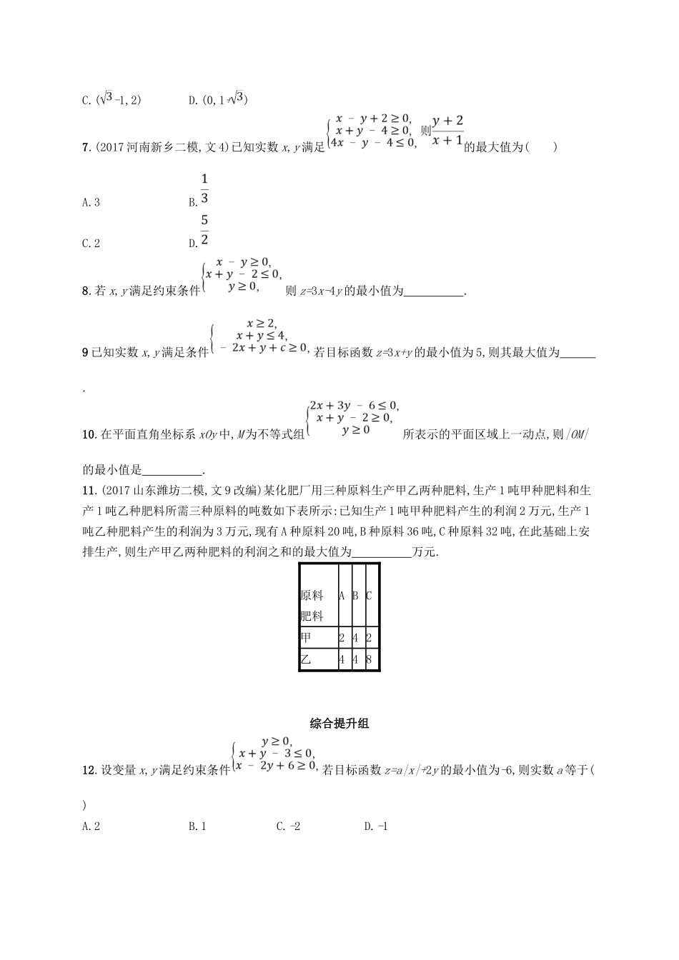 （福建专用）高考数学总复习 课时规范练31 二元一次不等式(组)与简单的线性规划问题 文 新人教A-新人教A高三数学试题_第2页