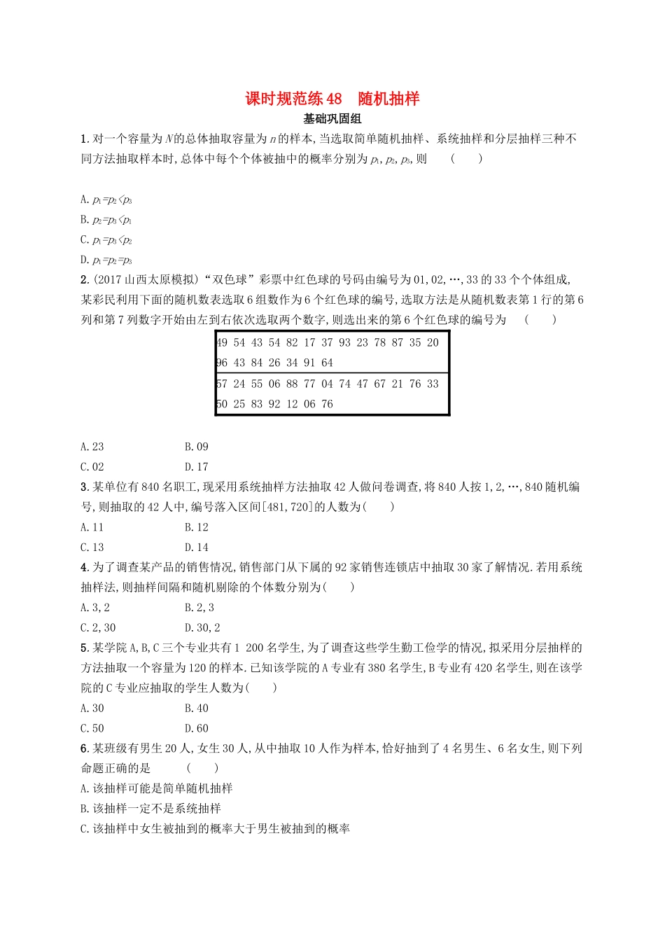 （福建专用）高考数学总复习 课时规范练48 随机抽样文 新人教A-新人教A高三数学试题_第1页