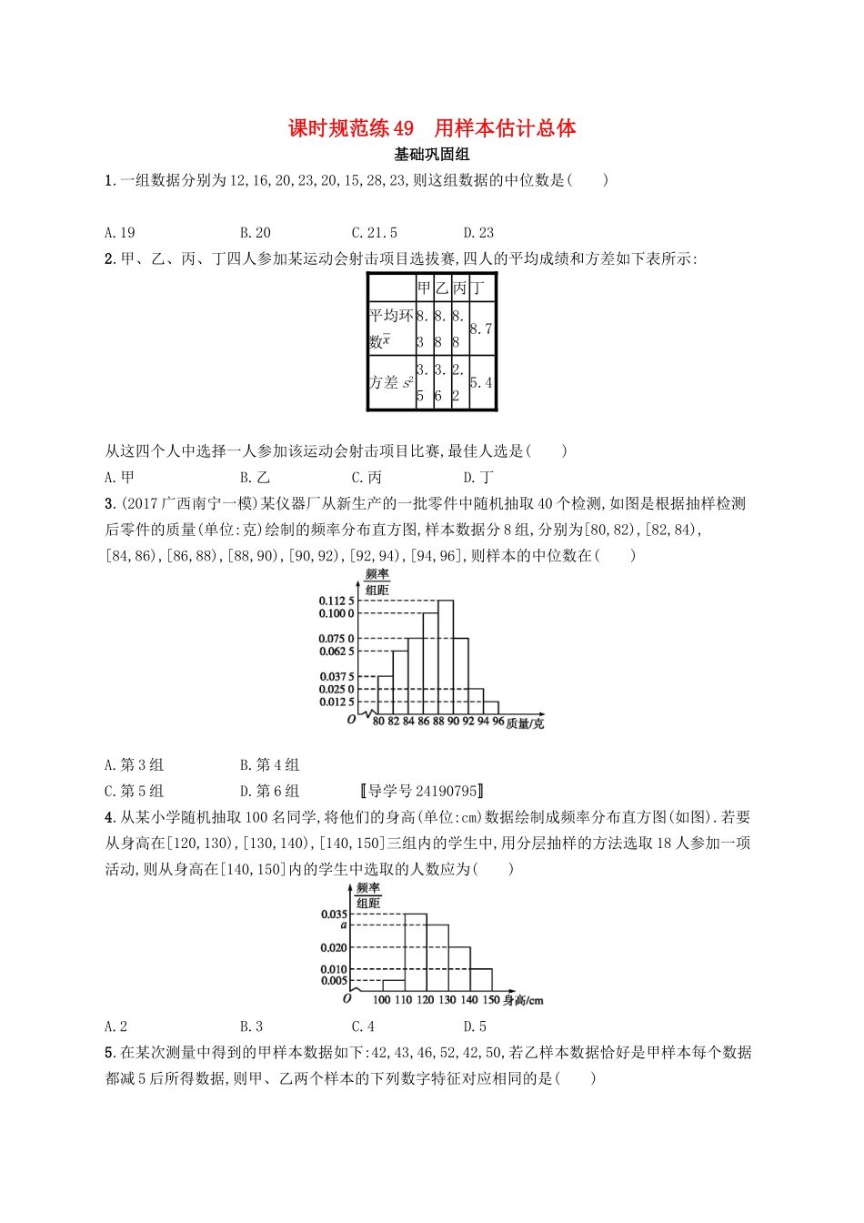 （福建专用）高考数学总复习 课时规范练49 用样本估计总体 文 新人教A-新人教A高三数学试题_第1页