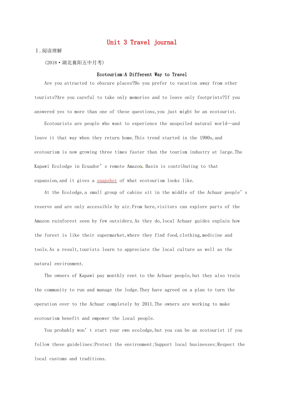 （福建专用）高考英语一轮复习 课时规范练3 Unit 3 Travel journal 新人教必修1-新人教高三必修1英语试题_第1页