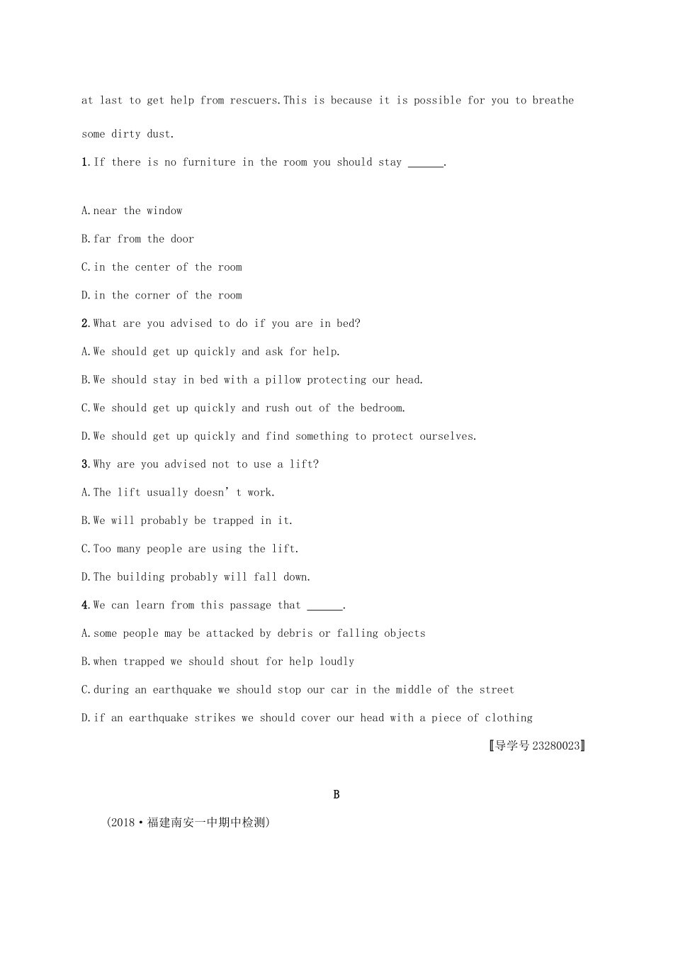 （福建专用）高考英语一轮复习 课时规范练4 Unit 4 Earthquakes 新人教必修1-新人教高三必修1英语试题_第2页