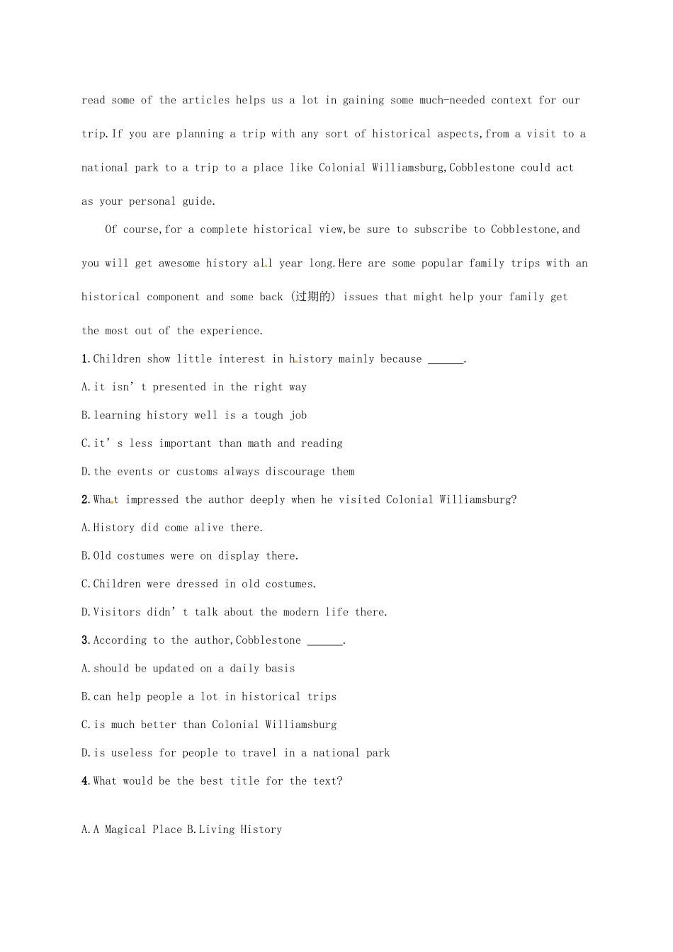 （福建专用）高考英语一轮复习 课时规范练6 Unit 1 Cultural relics 新人教必修2-新人教高三必修2英语试题_第2页