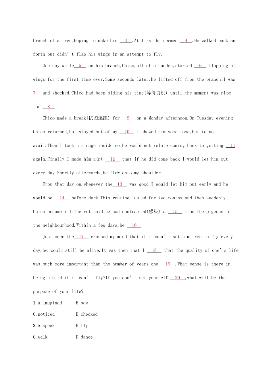 （福建专用）高考英语一轮复习 课时规范练19 Unit 4 Body language 新人教必修4-新人教高三必修4英语试题_第3页