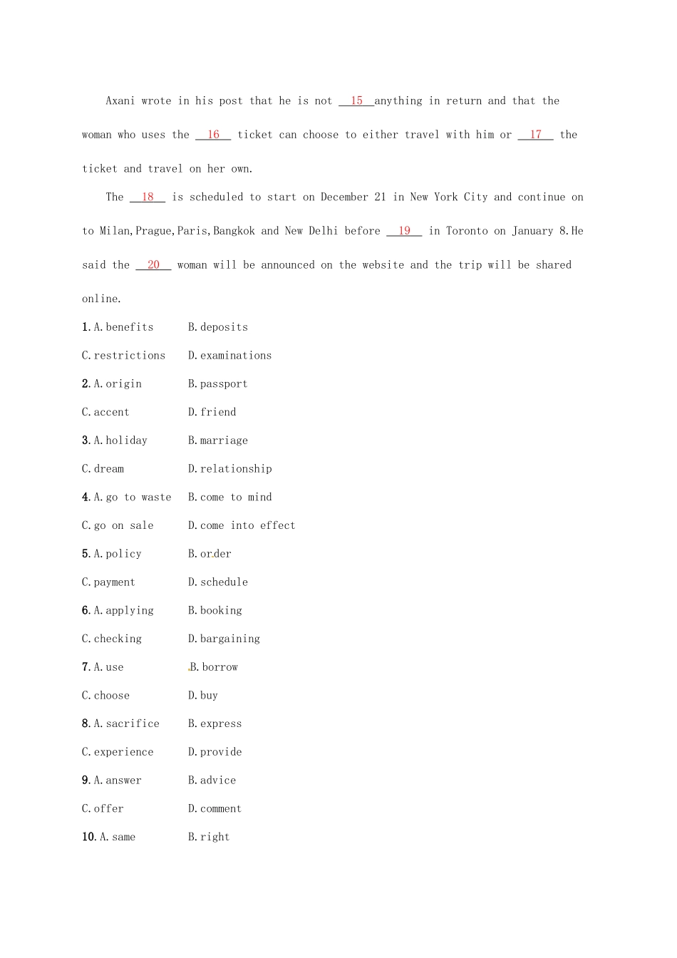 （福建专用）高考英语总复习 课时规范练10 Unit 5 Rhythm（B）北师大必修2-北师大高三必修2英语试题_第3页