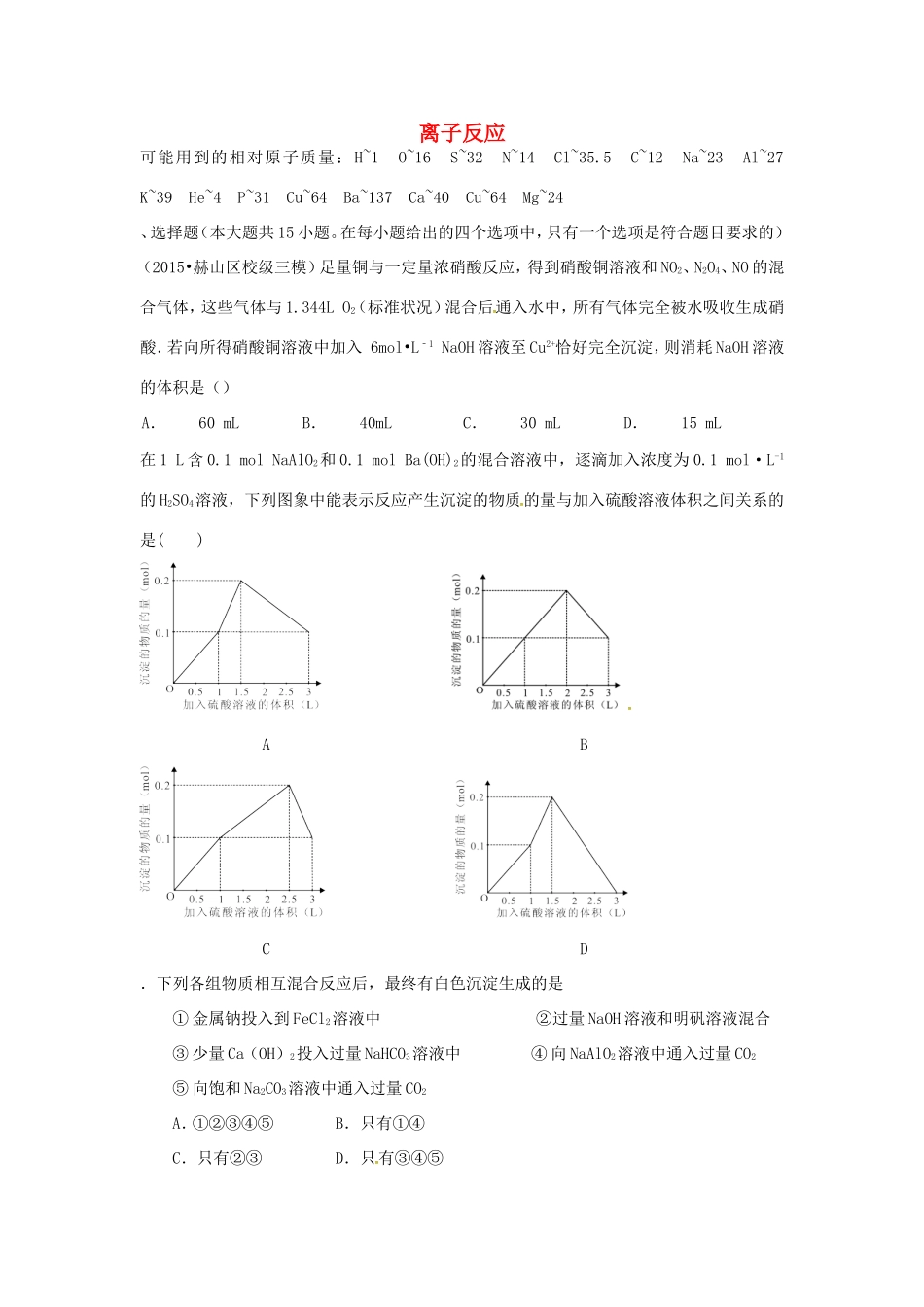 （衡水万卷）高考化学二轮复习 高考周测卷 离子反应（含解析）-人教版高三化学试题_第1页