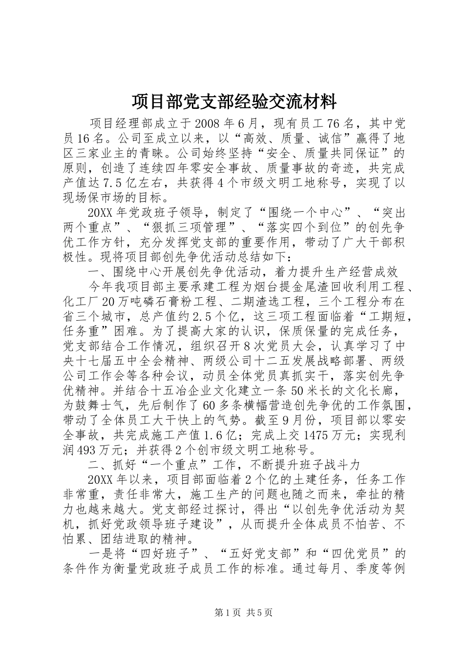 2024年项目部党支部经验交流材料_第1页