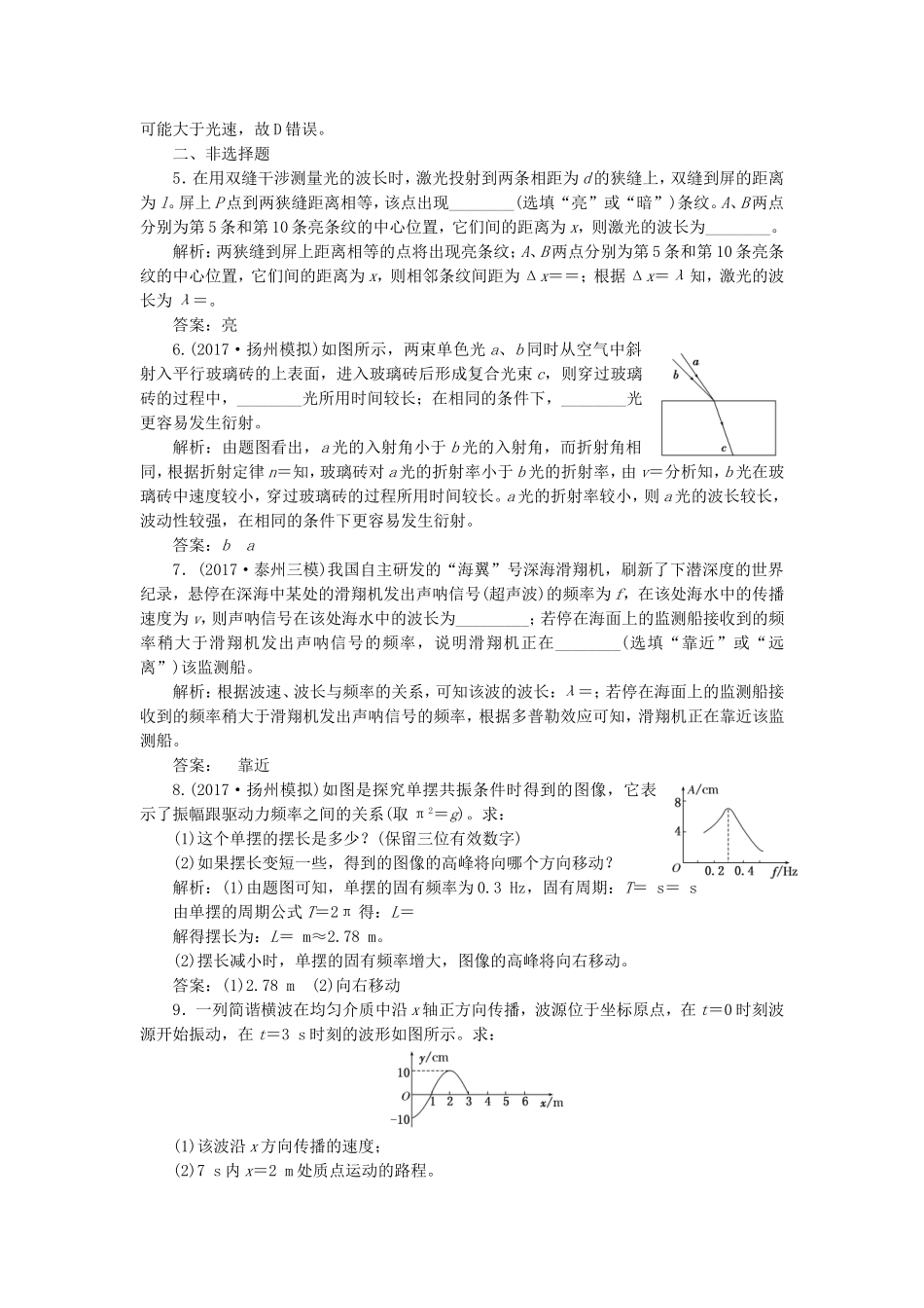 （江苏选考）高考物理二轮复习 第一部分 专题六 选考模块 专题跟踪检测（二十五）振动和波动、光与电磁波-人教版高三全册物理试题_第2页
