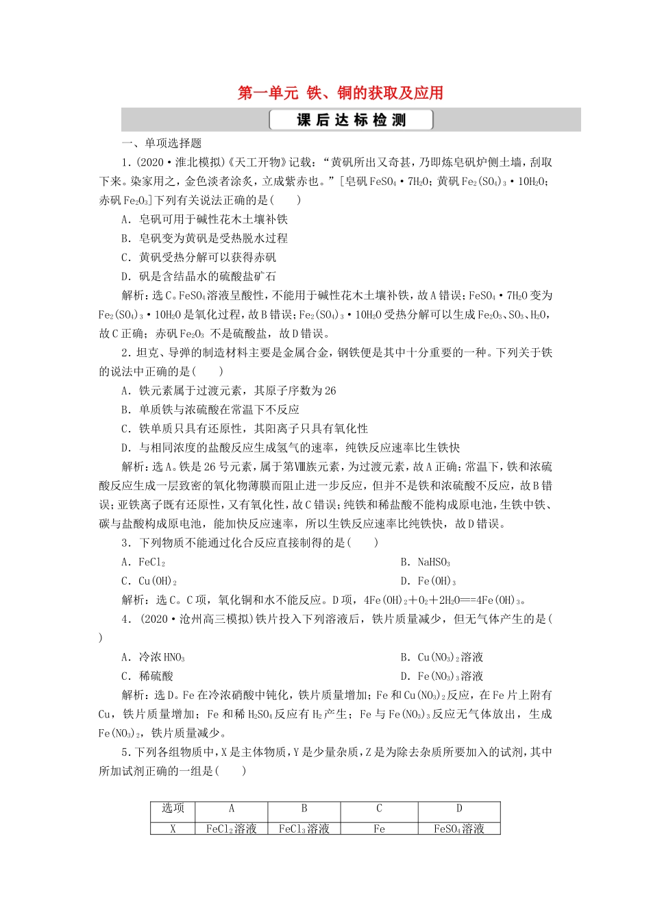 （江苏选考）新高考化学一轮复习 专题3 从矿物到基础材料 1 第一单元 铁、铜的获取及应用课后达标检测 苏教版-苏教版高三全册化学试题_第1页