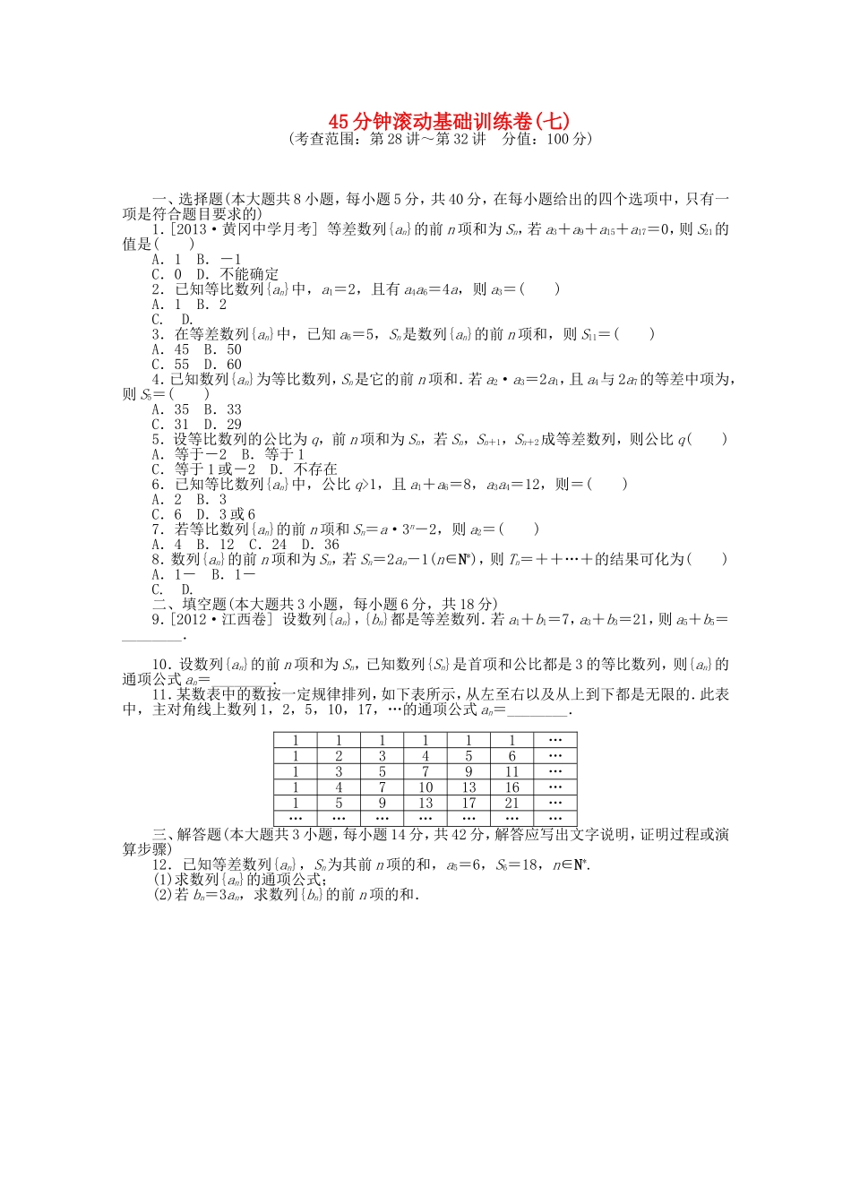 （湖南专用）高考数学一轮复习方案 滚动基础训练卷（7） 理 （含解析）_第1页