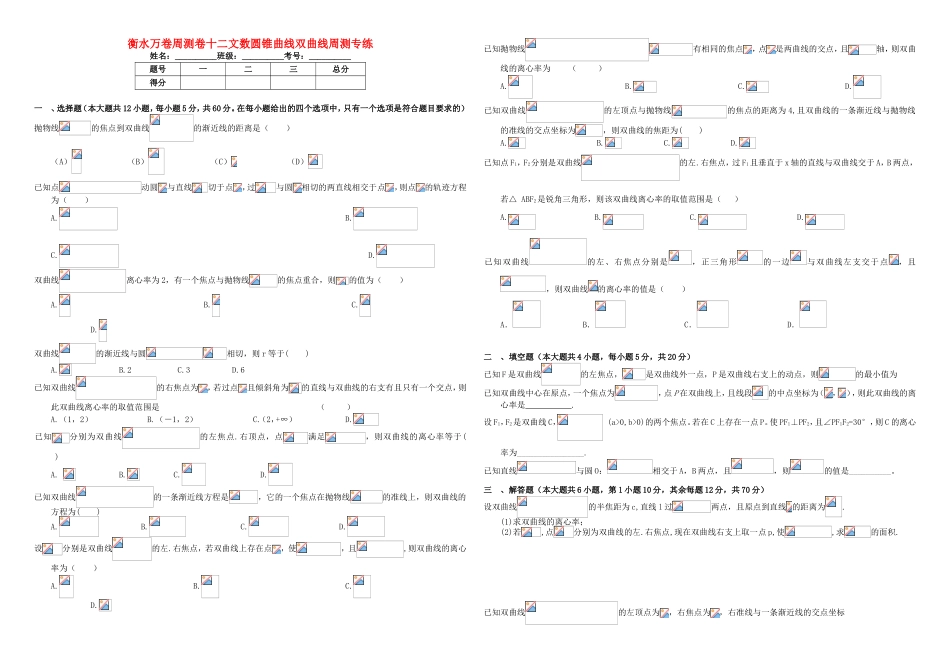 （衡水万卷）高考数学二轮复习 十二 圆锥曲线双曲线周测专练 文-人教版高三数学试题_第1页