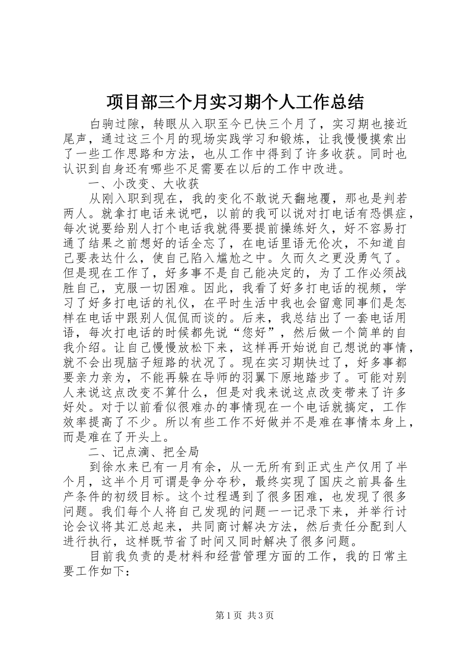2024年项目部三个月实习期个人工作总结_第1页