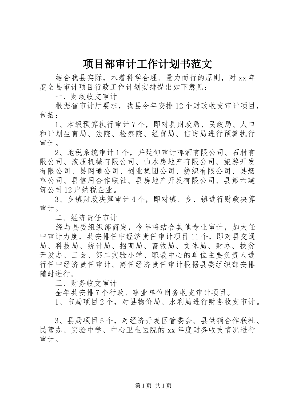 2024年项目部审计工作计划书范文_第1页