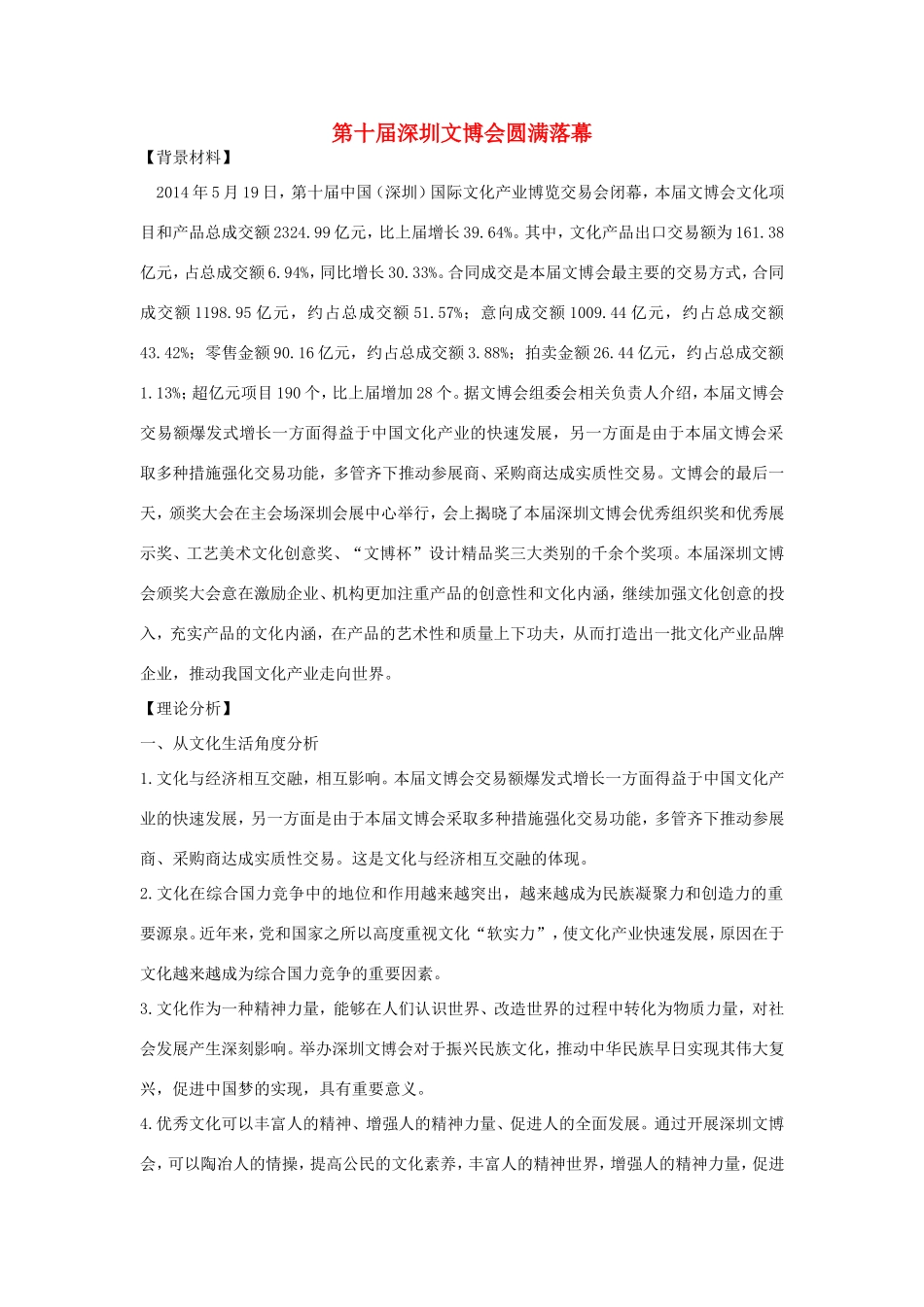 （热点聚焦）高考政治 时事新闻 第十深圳文博会圆满落幕同步测试_第1页