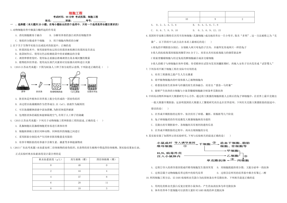 （衡水万卷）高三生物二轮复习 作业卷（三十八）细胞工程（含解析）-人教版高三生物试题_第1页