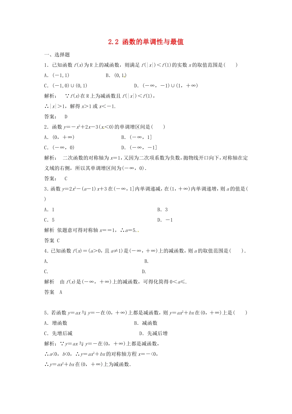 （特效提高）高考数学一轮精品复习 2.2 函数的单调性与最值题库 理_第1页