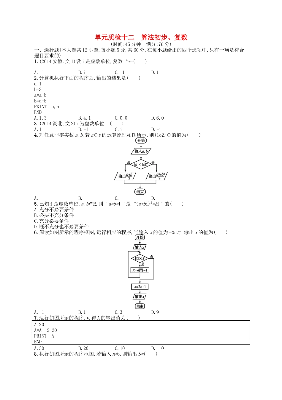 （福建专版）高考数学大一轮复习 第十二章 算法初步、复数单元质检 文-人教版高三数学试题_第1页