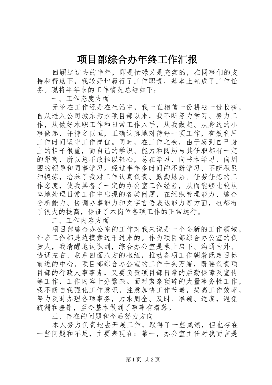 2024年项目部综合办年终工作汇报_第1页