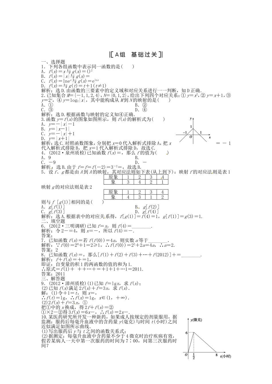 （福建专用）高考数学总复习 第二章第1课时 函数及其表示课时闯关（含解析）_第1页