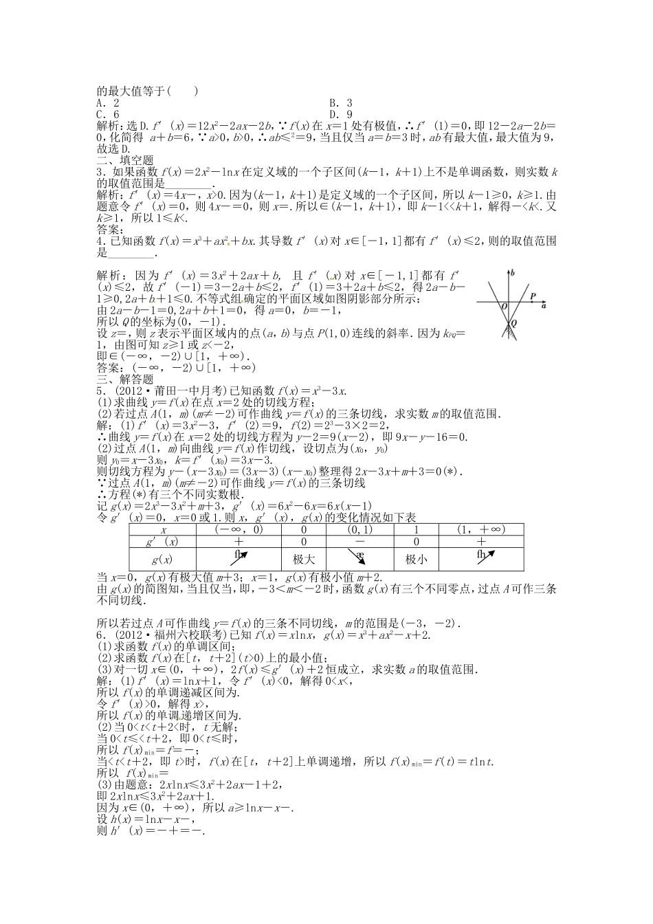 （福建专用）高考数学总复习 第二章第12课时 导数与函数的单调性、极值课时闯关（含解析）_第3页