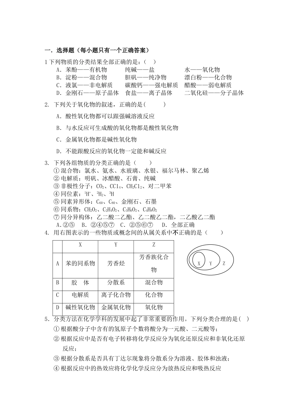 （精品）吉林一中奥赛班高三化学复习物质的分类与胶体单元测验人教版_第1页