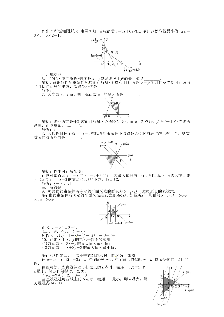 （福建专用）高考数学总复习 第六章第3课时 二元一次不等式(组)与简单的线性规划问题 课时闯关（含解析）_第2页