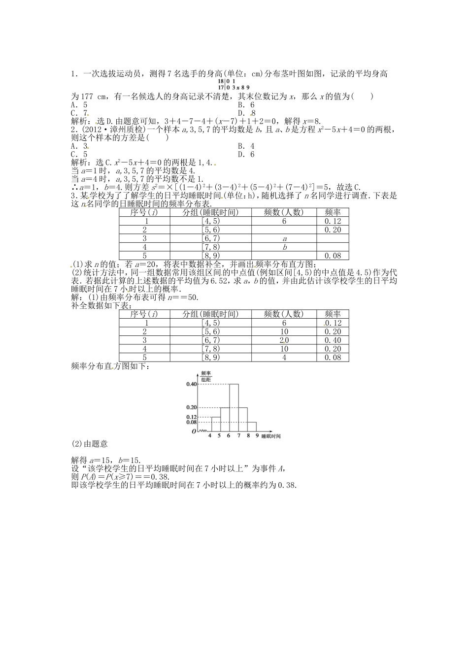 （福建专用）高考数学总复习 第十章第2课时 用样本估计总体随堂检测（含解析）_第1页