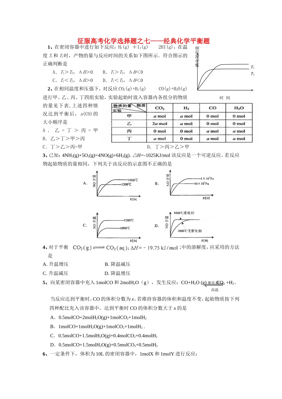 （精品）征服高三化学高考选择题之七——经典化学平衡题全国通用_第1页